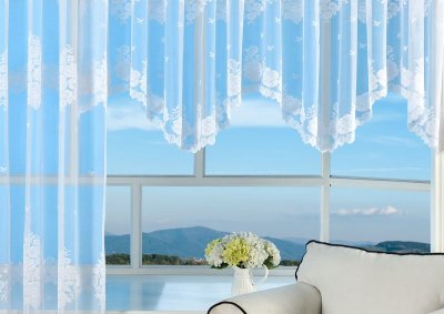 -13140- Weiß 145x600 Jacquard Bogenstore Gardine Kräuselband Blumenmuster Store Barock -13140-