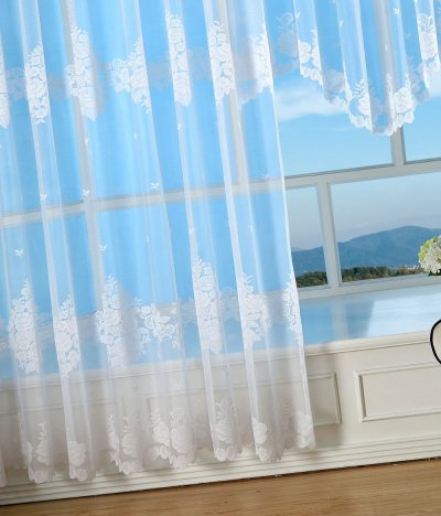 -13140- Weiß 245x300 Jacquard Bogenstore Gardine Kräuselband Blumenmuster Store Barock -13140-