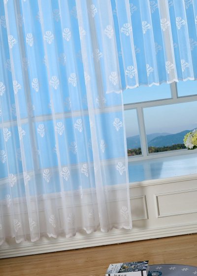 -13142- Weiß 145x450 Bogenstore Jacquard Gardine Kräuselband Blumenmuster Store Barock -13142-