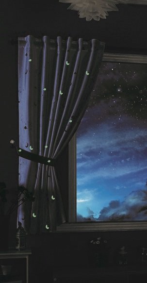 -20495- Blau 1 Stück 175x145 Vorhang fluoreszierend leuchtend Mond Sterne Schlaufenband Kinder -20495-
