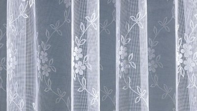 Gardine, Jacquard, mit Kräuselband, Farbe Weiss, Design Blumen, Allovermusterung, Transparent, Waschbar, in verschiedenen Größen erhältlich