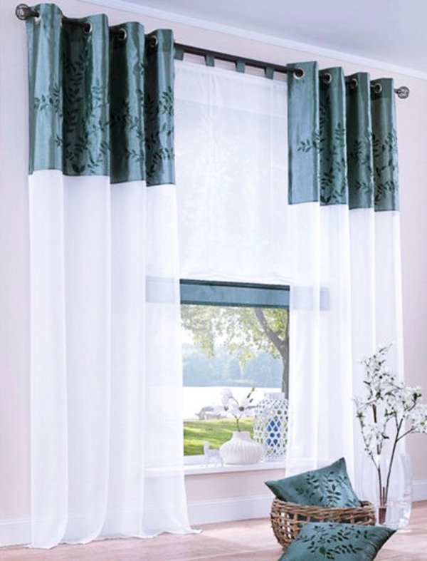 Gardine, mit Ösen, Farbe Petrol, Design Floral, Bestickt, Bordüre, Transparent, Voiele, Waschbar, in verschiedenen Größen erhältlich