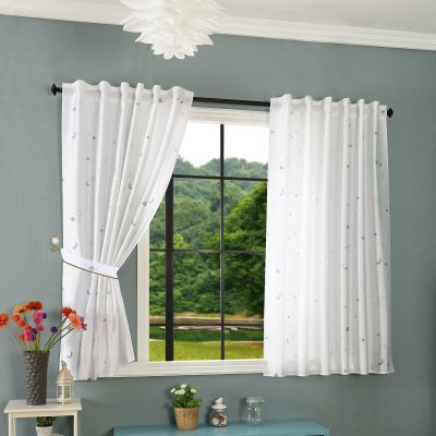 -20495- Weiß 2 Stück 175x145 Vorhang fluoreszierend leuchtend Mond Sterne Schlaufenband Kinder -20495-