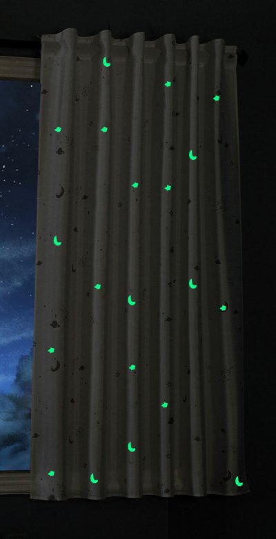 -20495- Weiß 2 Stück 175x145 Vorhang fluoreszierend leuchtend Mond Sterne Schlaufenband Kinder -20495-