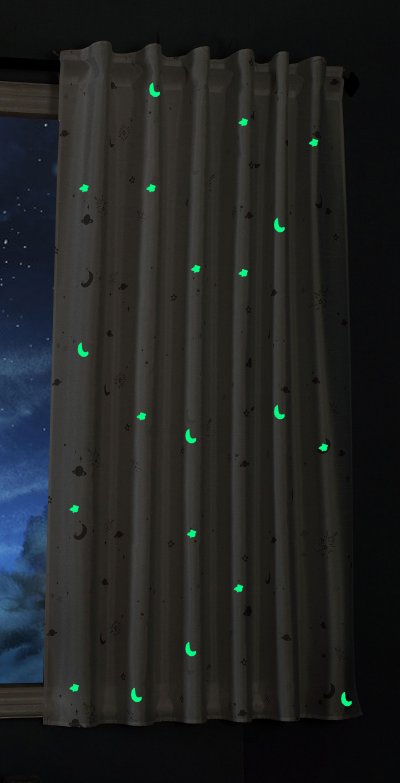 -20495- Weiß 2 Stück 175x145 Vorhang fluoreszierend leuchtend Mond Sterne Schlaufenband Kinder -20495-