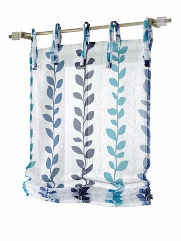 Raffrolllo, mit Bindebändern, Farbe Weiss, Blau, Design Blätter, leicht Transparent, Voile, inkl. Zubehör, 006626 in verschiedenen Größen erhältlich
