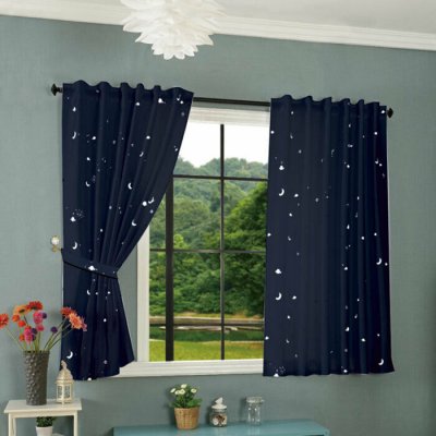 -20495- Blau 2 Stück 175x145 Vorhang fluoreszierend leuchtend Mond Sterne Schlaufenband Kinder -20495-