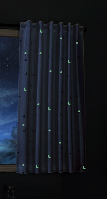 -20495- Blau 2 Stück 175x145 Vorhang fluoreszierend leuchtend Mond Sterne Schlaufenband Kinder -20495-