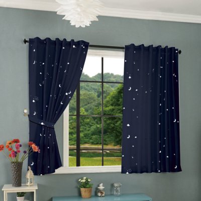 -20495- Blau 2 Stück 175x145 Vorhang fluoreszierend leuchtend Mond Sterne Schlaufenband Kinder -20495-