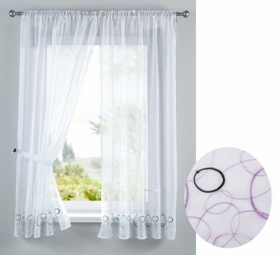 -112230Set- Aura Lila HxB 150x90 cm Stickerei Gardinen Set 4 Tlg. Tunneldurchzug Gardinenband Voile Gardine