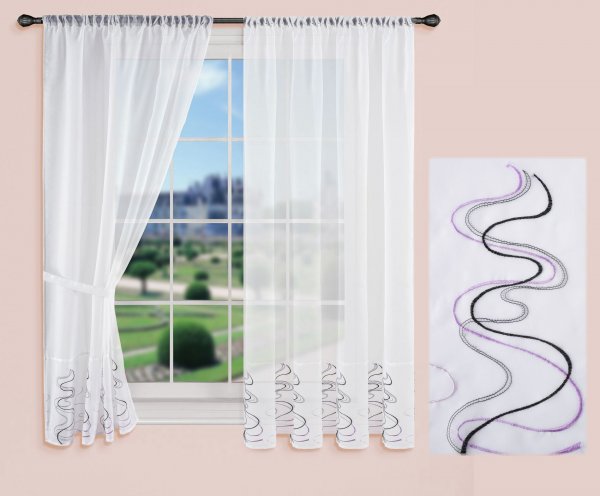 -112230Set- Welle Lila HxB 150x90 cm Stickerei Gardinen Set 4 Tlg. Tunneldurchzug Gardinenband Voile Gardine