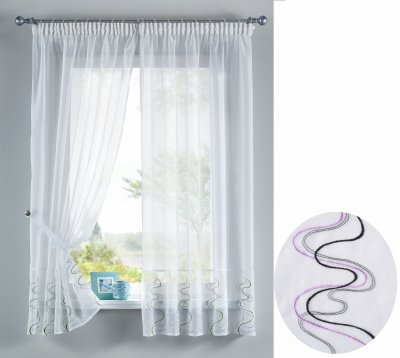 -112230Set- Welle Lila HxB 150x90 cm Stickerei Gardinen Set 4 Tlg. Tunneldurchzug Gardinenband Voile Gardine