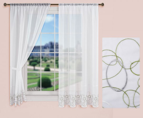 -112230Set- Aura Grün HxB 150x90 cm Stickerei Gardinen Set 4 Tlg. Tunneldurchzug Gardinenband Voile Gardine