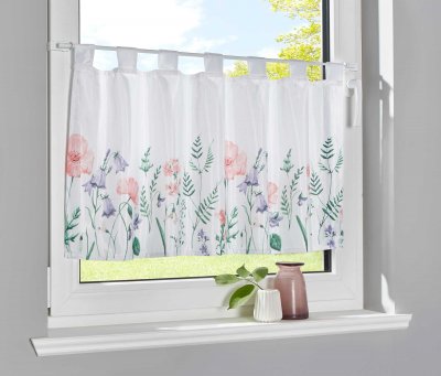-202071-Scheibengardine »Ulm« Voile Transparent Bedruckt Ausbrenner Stangendurchzug